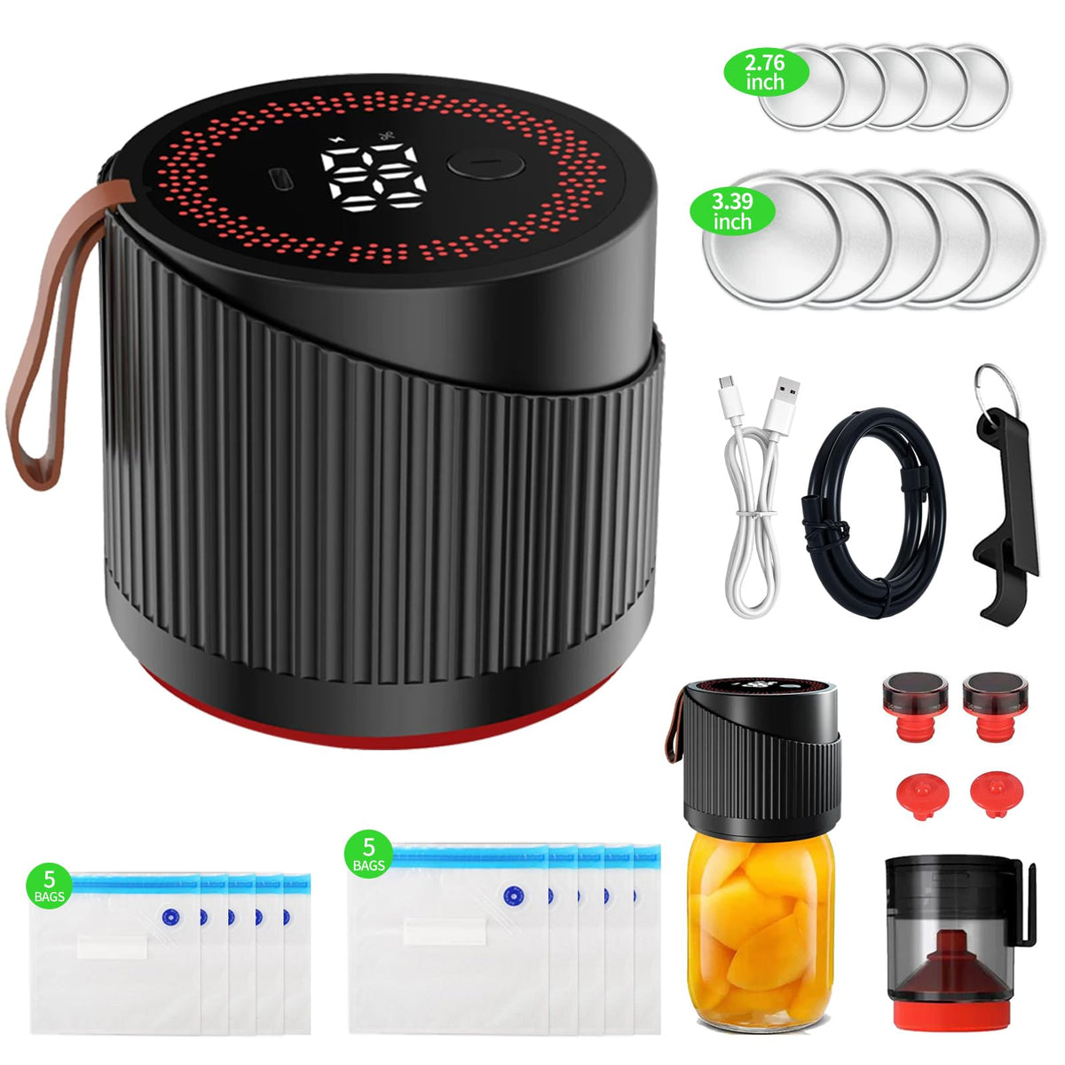 Electric Mason Jar Vacuum Sealer Kit for Wide and Regular Mouth Jars - Vacuum Sealer Machine with -80kpa Suction, Automatic One-Button Operation for Food Storage