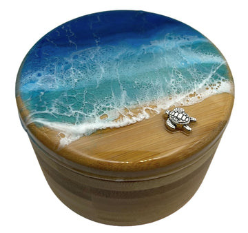 Ocean Resin Art Bamboo Salt Box, Salt Cellar, Bath Salt Container, Storage Box, Herb, Salt, Pepper, Sugar, Spices Storage Box with Magnetic Swivel Lid, Spoon and Turtle Charm