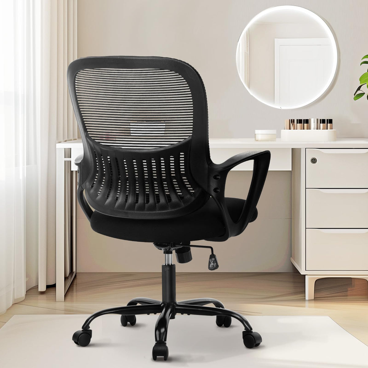 Sweetcrispy Home Office Desk Chair, Ergonomic Mid-back Mesh Rolling Work Swivel Chairs with Wheels, Comfortable Lumbar Support, Comfy Arms for