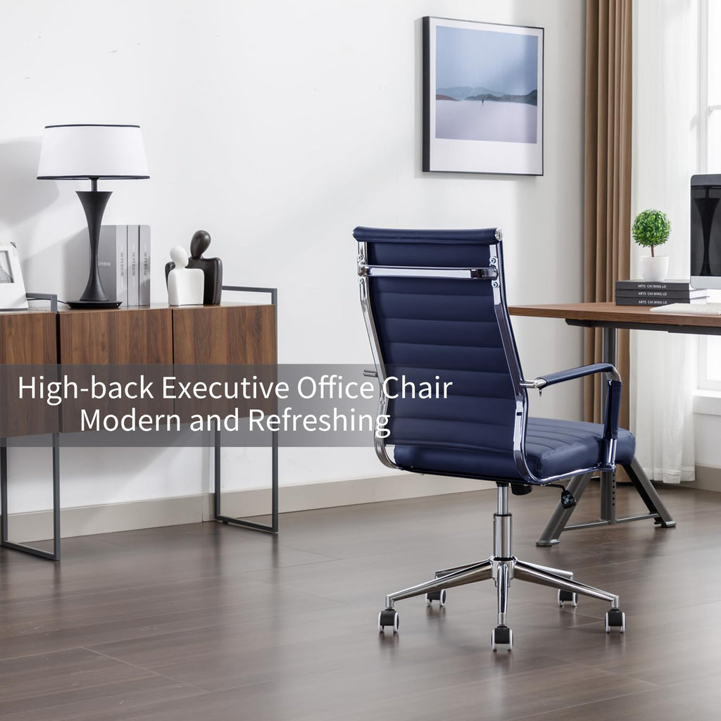 Office Desk Chair Leather, Conference Room Chairs with Wheels, Executive Modern High Back Ergonomic Swivel Rolling Ribbed Computer Chair