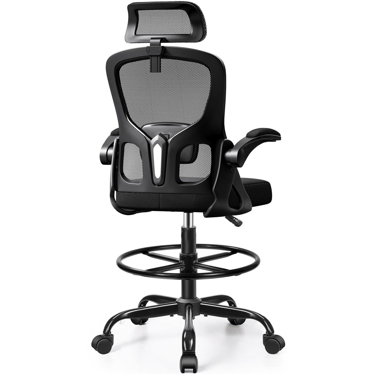 Finati Drafting Chair, Tall Office Chair for Standing Desk, Ergonomic High Back with Headrest, Lumbar Support, Foot Ring and Flip-up Armrests,