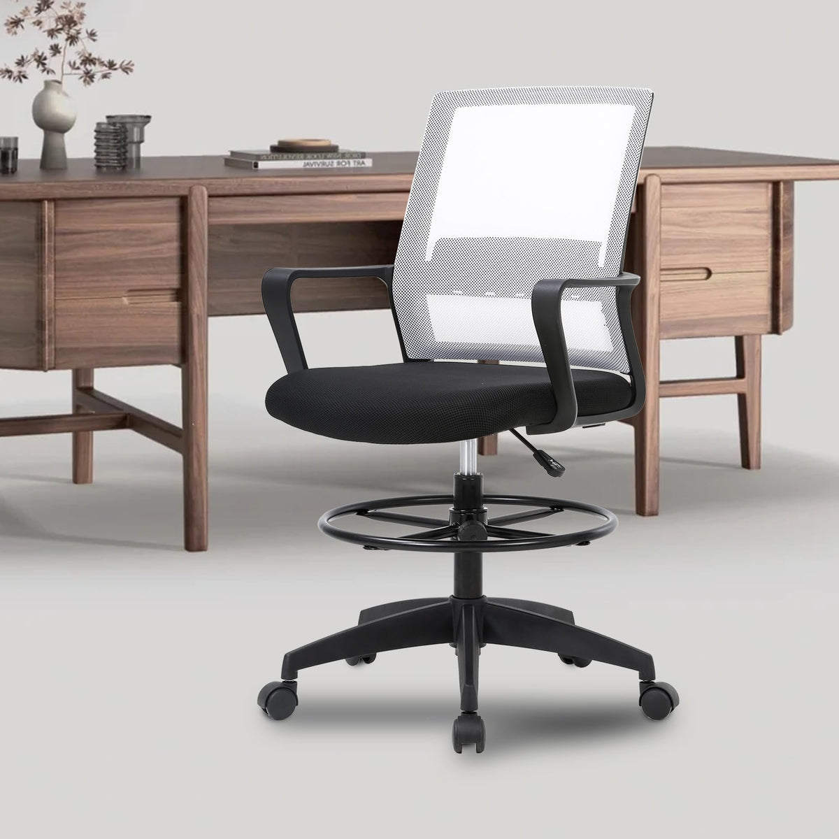 Paylesshere | Drafting Chair | White | Tall Office Chair with Adjustable Seat Height & Footrest, Ergonomic Mesh Back, Lumbar Support, 360