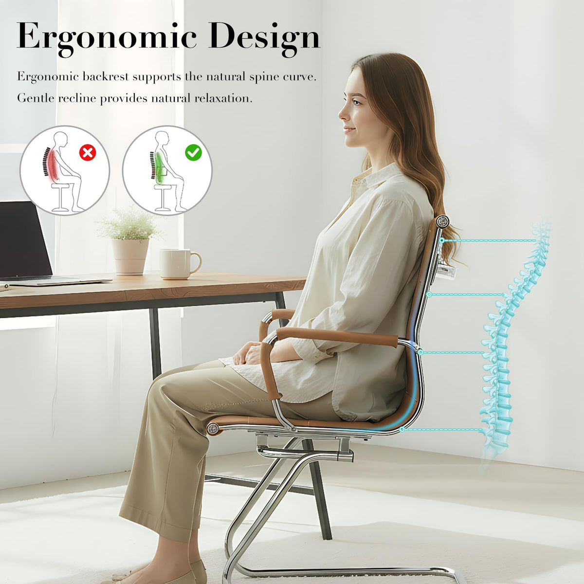Cimota Waiting Room Chairs Leather Office Guest Chair Mid Back Reception Chairs with Sled Base for Meeting/patient/conference Room, Brownish