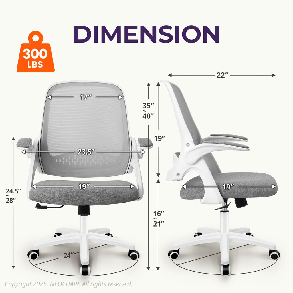 Neo Chair Office Desk Chair, Ergonomic Mesh with Flip-up Armrests, Grey, Mesh Chair