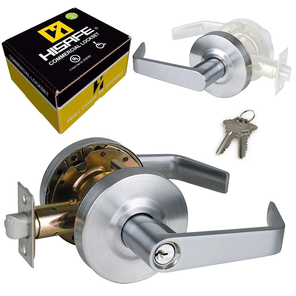 Storeroom Door Handle Heavy Duty Grade 2 Commercial Door Locks, Non-Handed, UL 3 Hour Fire Rated, ADA Compliant, Satin Chrome Finish 26D, 2-3/4''Backset, X-XG-ST-70