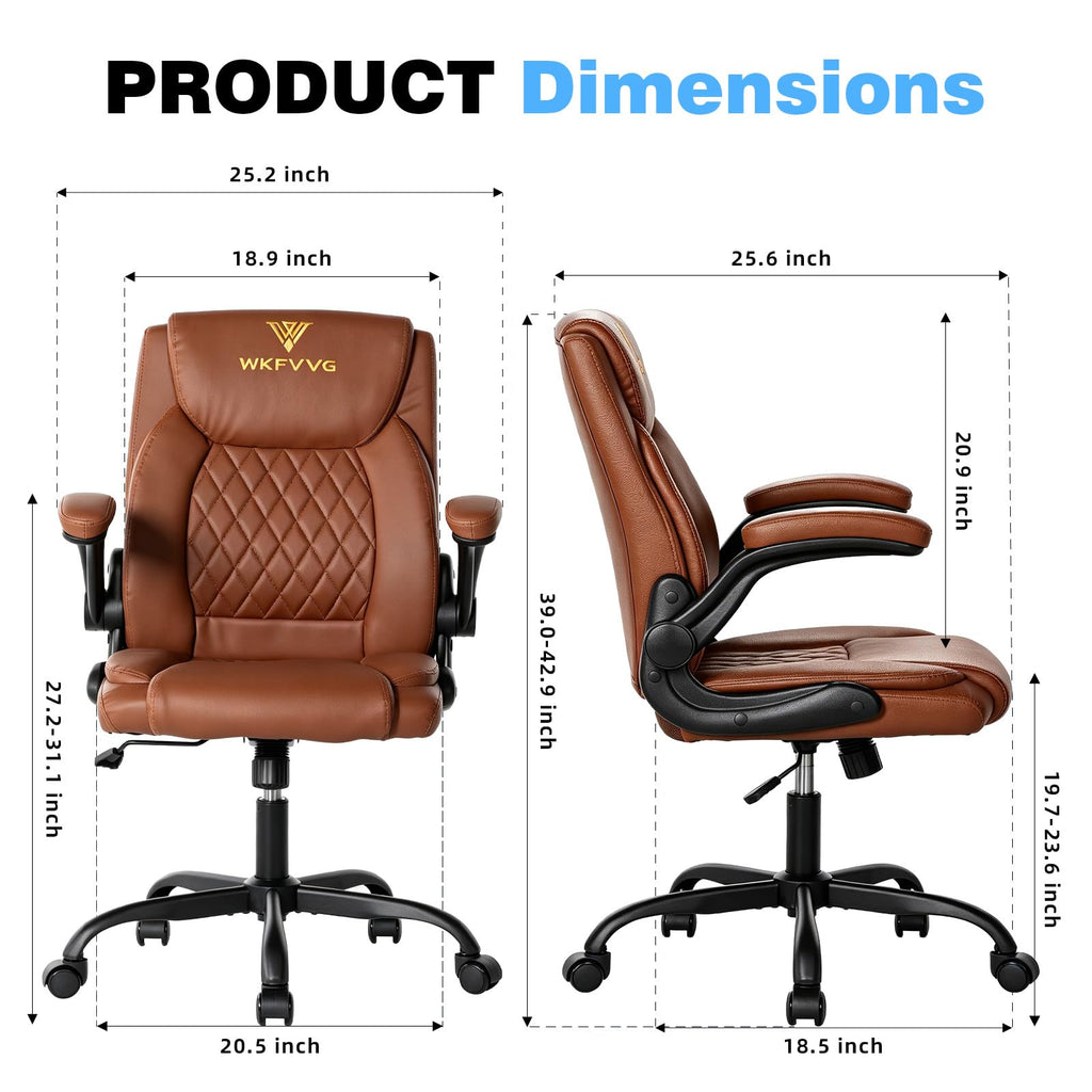 Home Office Desk Chair, Adjustable Height Leather Office Chair, Brown, Mid-back