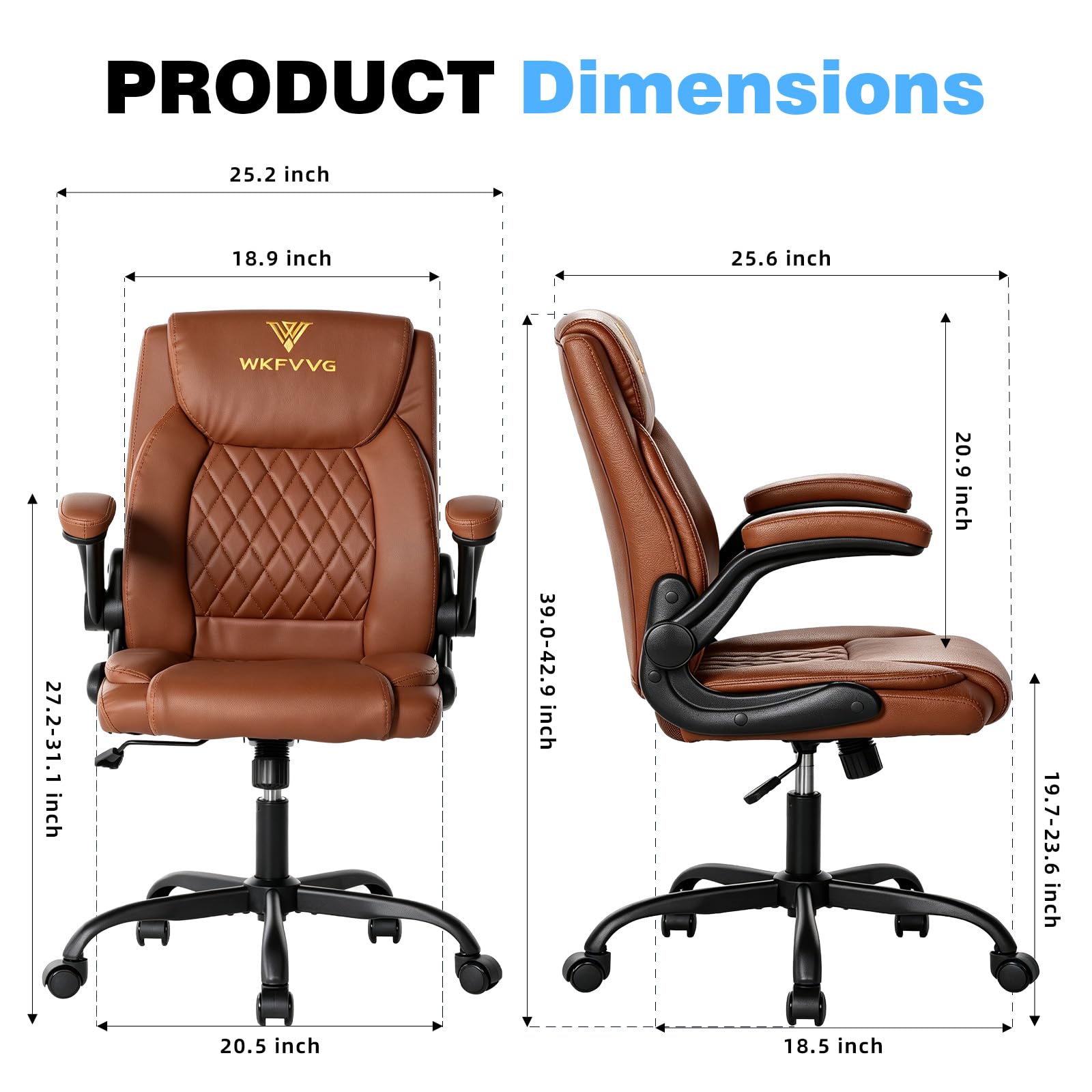 Home Office Desk Chair, Adjustable Height Leather Office Chair, Brown, Mid-back