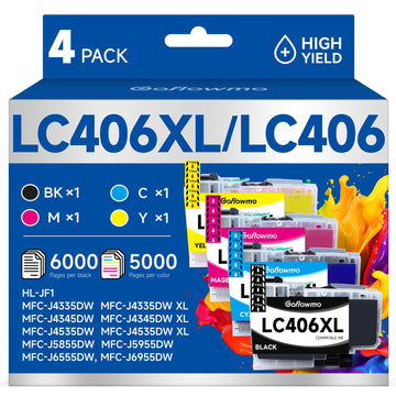 LC406XL LC406 Ink Cartridges Compatible for Brother Printer 406XL 4-Pack | High Yield, LC 406 LC406 XL Works with MFC-J4335DW MFC-J4535DW MFC-J5855DW MFC-J6555DW MFC-J6955DW Ink (4-Pack, BK/C/M/Y)