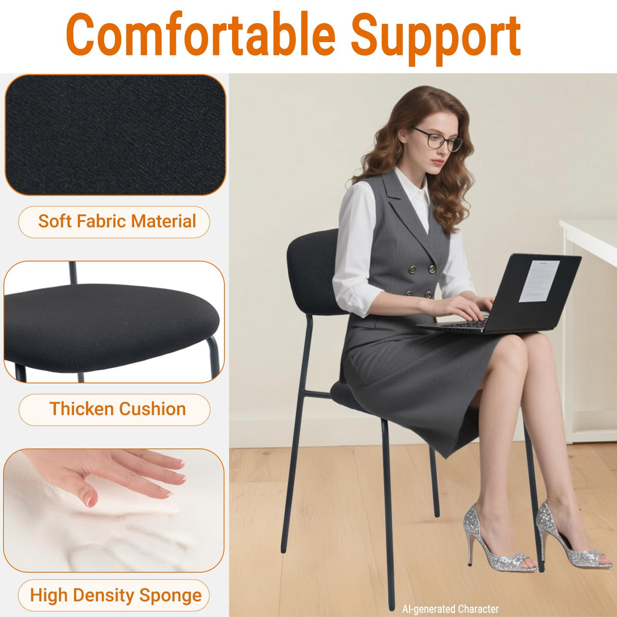 Sidanli Stackable Waiting Room Chairs, Armless Upholstered Guest Chairs Set of 4 with Comfotable Cushion for Conference Reception Break Room