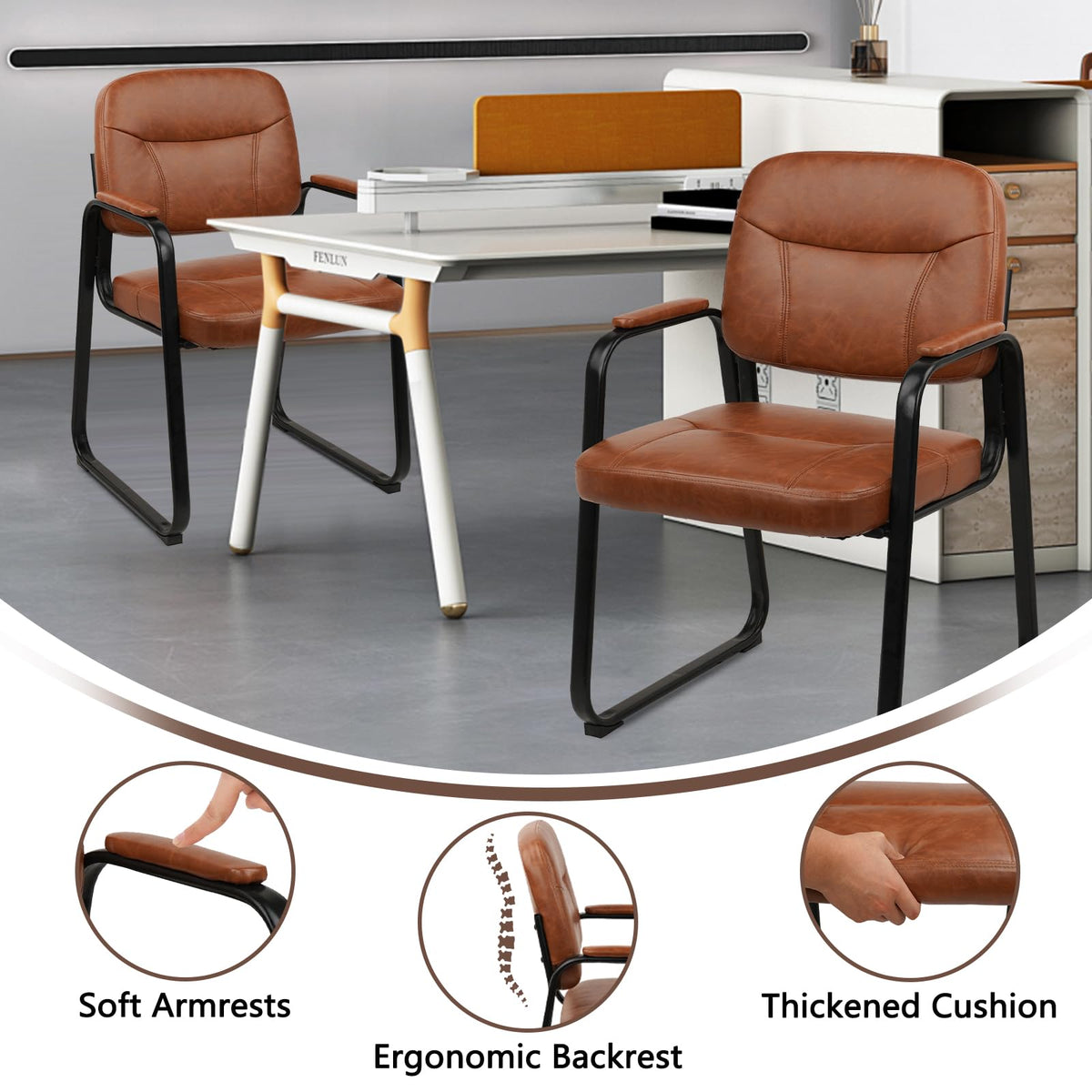 Clatina Waiting Reception Chairs No Wheel, Leather Guest Chair with Padded Arms, Modern Brown Office Desk Chairs with Sled Base for Office