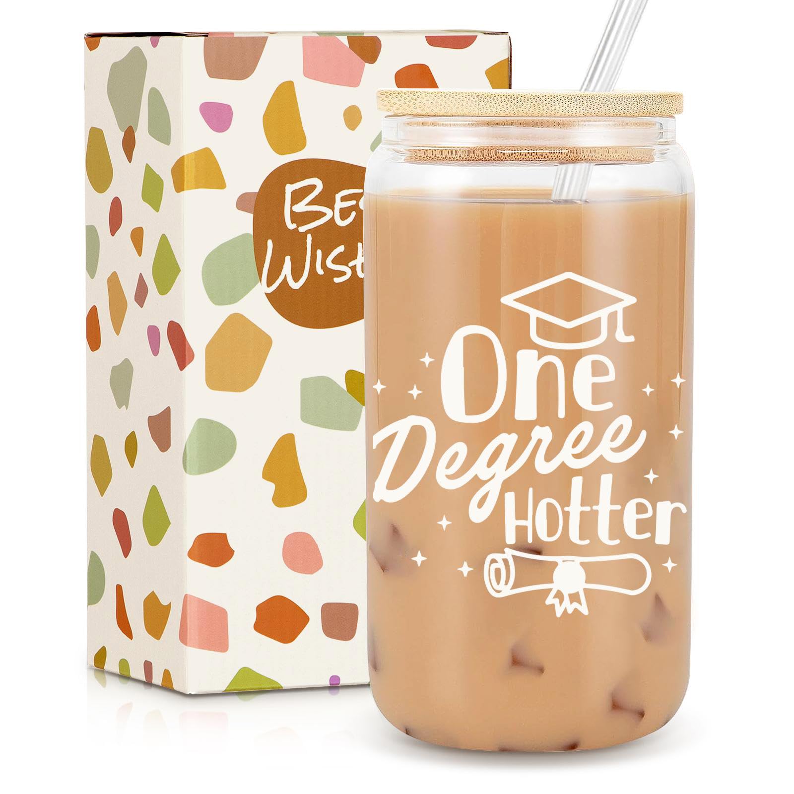 Frerdui Graduation Gift for Her – One Degree Hotter 16oz Glass Cup, Cute Grad Gift for College High School Graduate, Daughter, Niece, Granddaughter, Congrats Graduation Gift