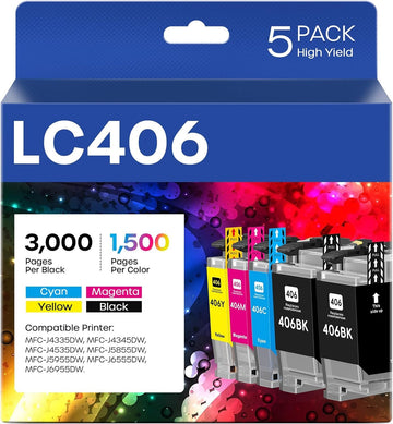 LC406 Ink Cartridges Replacement for Brother LC406 LC406XL, 5-Pack | High Yield Compatible with Brother MFC-J5855DW J6955DW J6555DW Printers, 5-Pack LC406/LC406XL for Office Printing (2BK/C/M/Y)