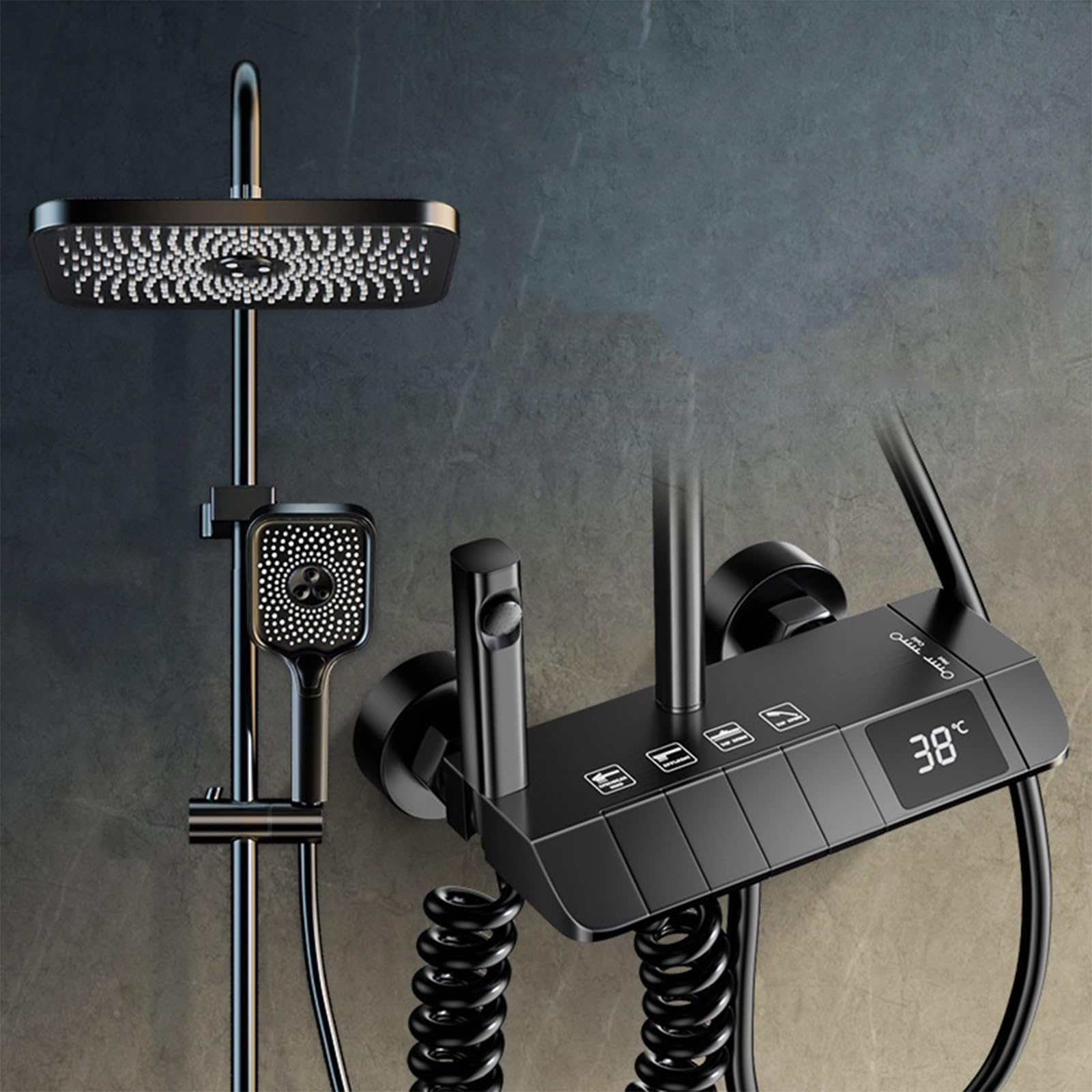 Thermostatic Shower System with Water Saving Mixer Set LED Screen 4 Functions Handheld ABS Top Bidet Spray Tub Spout Gray.,Black-