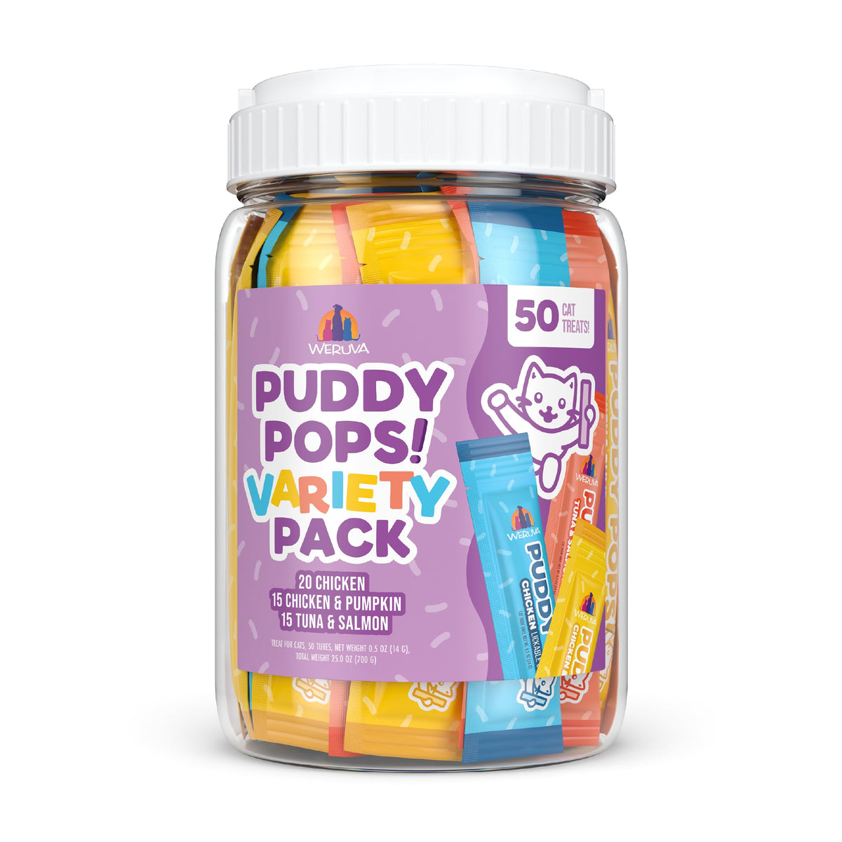 Weruva Puddy Pops, Lickable Cat Treats Variety Pack, 0.5oz Tube, Pack of 50