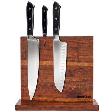 BURNCRAFT Magnetic Knife Block, Double Sided Acacia Wood Knife Holder Rack, Countertop Stand for Kitchen Knives Storage with Strong Magnets 12 x 10 Inch