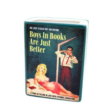 Lenny Mud Boys in Books are Better Book Pencil Holder, decoupaged, Vase, Gift for Reader