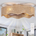 SHLUCE 22" Boho Flush Mount Caged Ceiling Fans with Lights, Rustic Rattan Low Profile Ceiling Fans with Lights and Remote, Bladeless Fandelier Ceiling Fan with Light for Kitchen, Bedroom - ETL