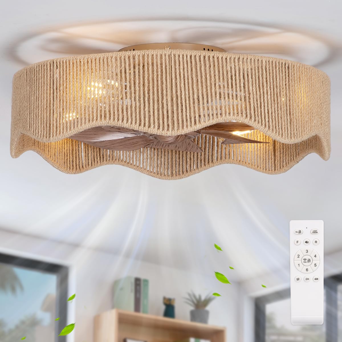 SHLUCE 22" Boho Flush Mount Caged Ceiling Fans with Lights, Rustic Rattan Low Profile Ceiling Fans with Lights and Remote, Bladeless Fandelier Ceiling Fan with Light for Kitchen, Bedroom - ETL