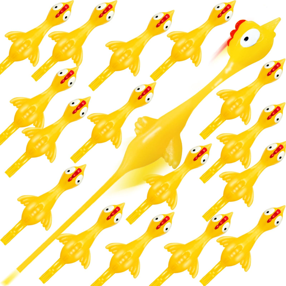 16Pack Finger Slingshot Chicken Rubber,Flying Stretchy Flick Stretchable Chickens Fingers for Gag Gift Birthday Christmas Halloween Party Favors Supplies Yellow