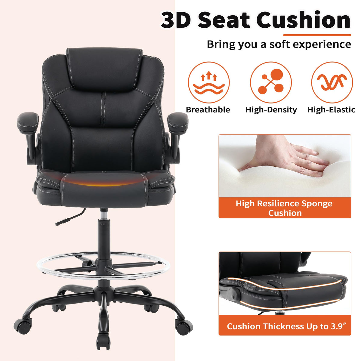 Drafting Chair Tall Office Chair for Standing Desk, 500lbs Heavy Duty Executive Chair with Flip-up Arms, 3d Contoured Leather Desk Chair with
