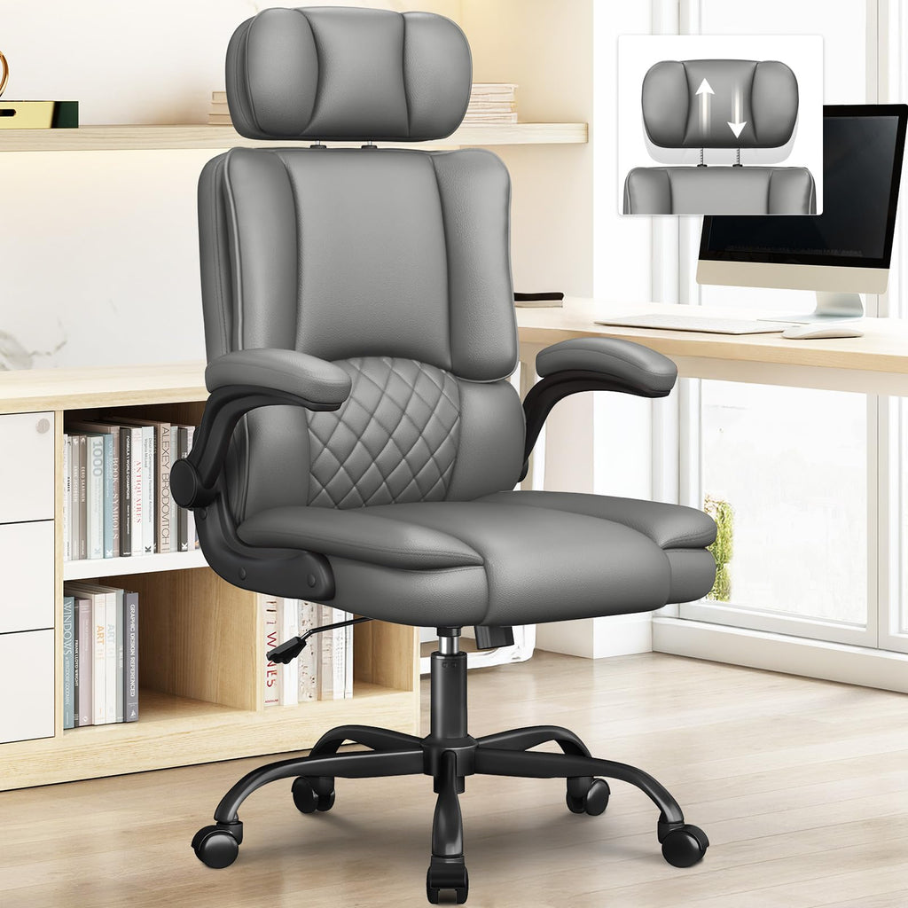 Cyzena Office Chair-executive High Back Breathable Big and Tall Office Chair Flip-up Armrests Lumbar Support-ergonomic Leather Rolling Swivel