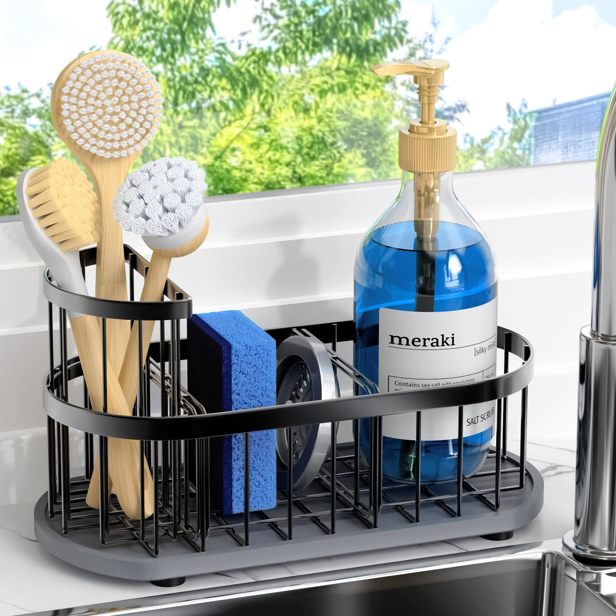 Sponge Holder for Kitchen Sink with High Brush Holder, [Stay-Dry Anywhere & No Drainage Needed] Rustproof Stainless Steel Kitchen Sink Caddy Organizer with Water Absorbing Stone Tray, Black