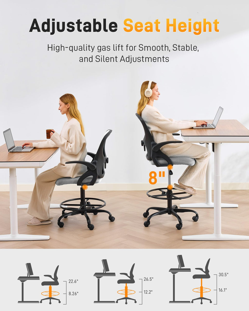 Lukkdys Drafting Chair with Arms, Tall Office Chair for Standing Desks, 10.6" W x 20.9" D x 20.9" H, Grey&black