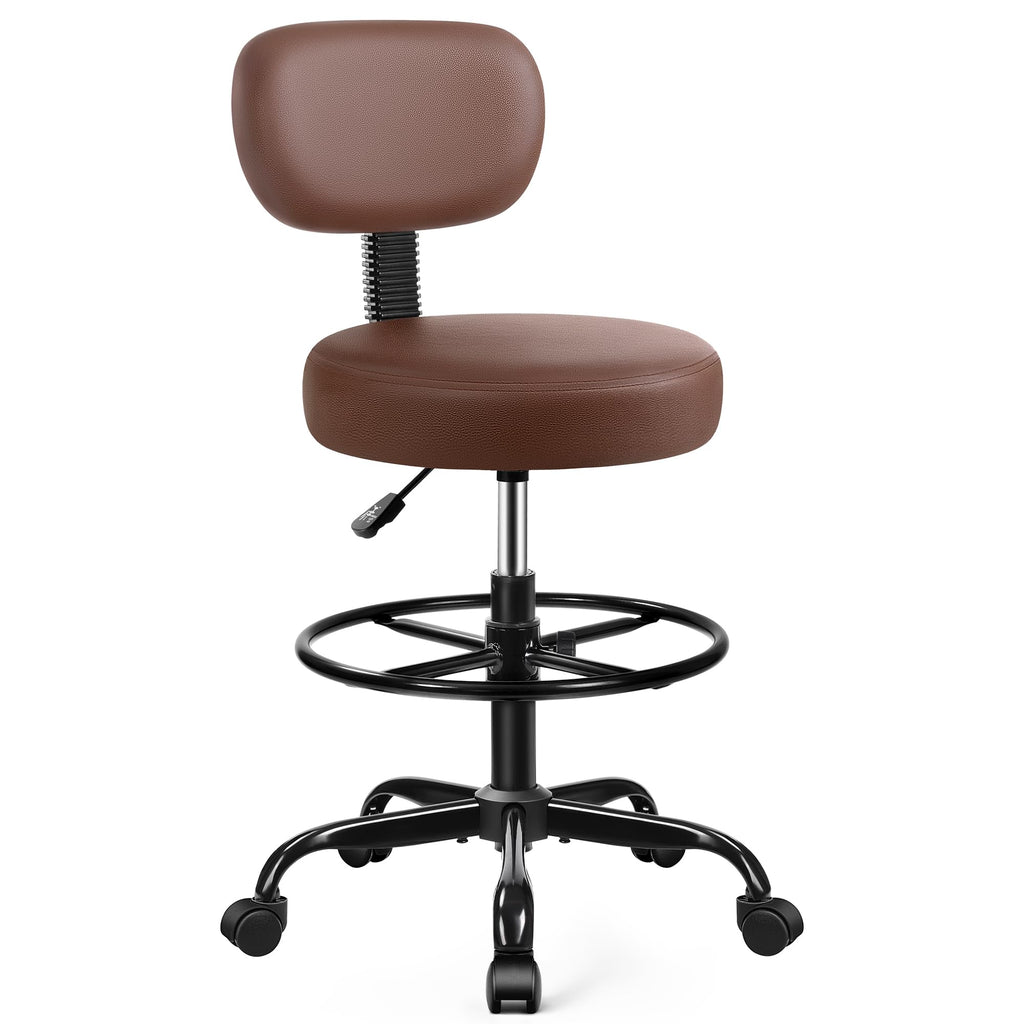 Brick Attic Drafting Chair with Backrest – Adjustable Foot Rest Rolling Stool with Wheels, Pu Leather Swivel Stool for Office Spa Studio Lab