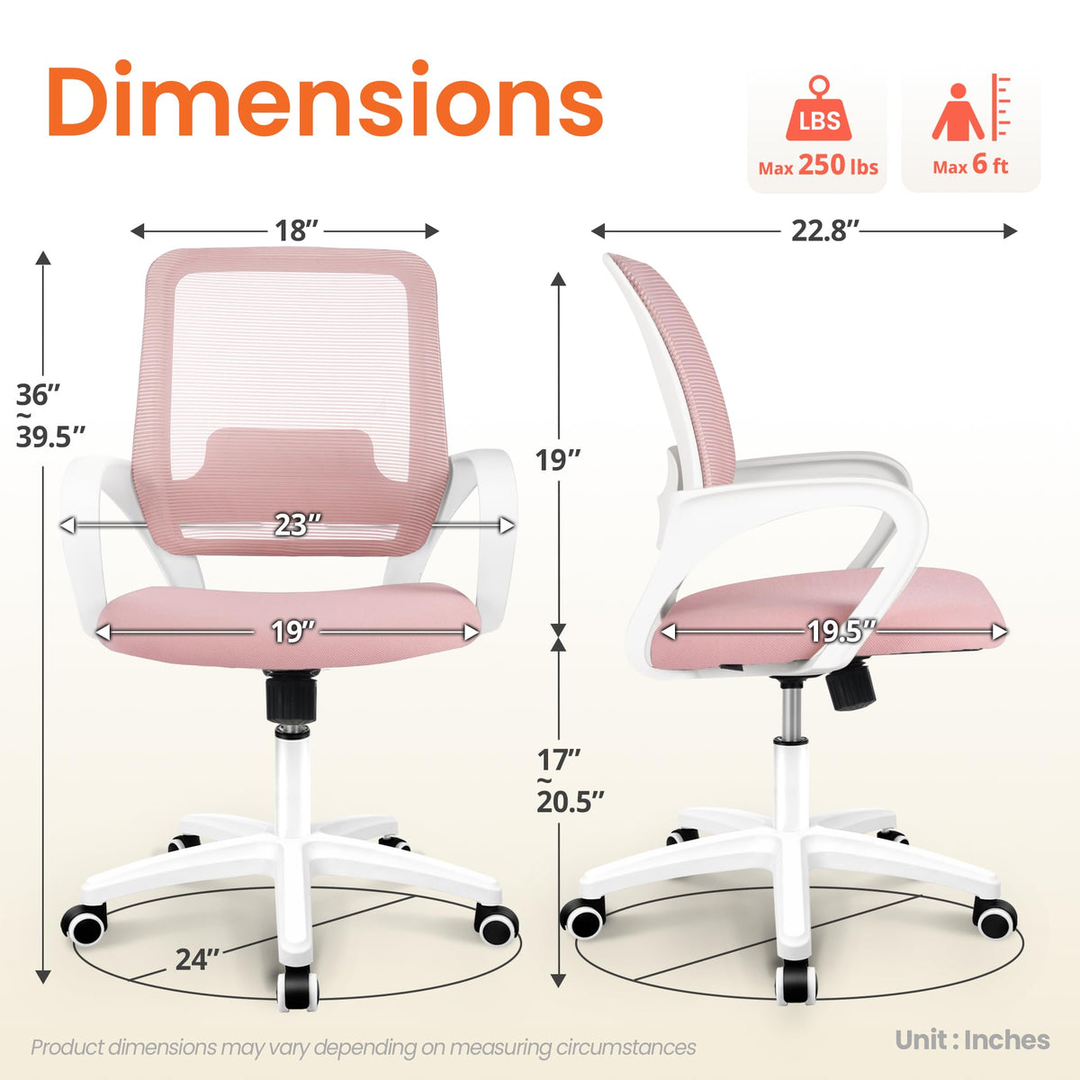 Neo Chair Home Office Desk Chair Ergonomic Mesh with Lumbar Support, Pink, 23 inches x 23 inches x 39.5 inches, Pastel Pink