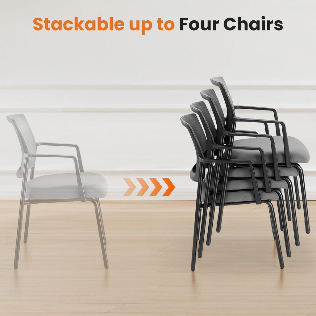 Dumos Grey Stackable Arm Chairs with Mesh Back and Upholstered Fabric, Sturdy Metal Frame, Easy to Store and Use, Perfect for Indoor and
