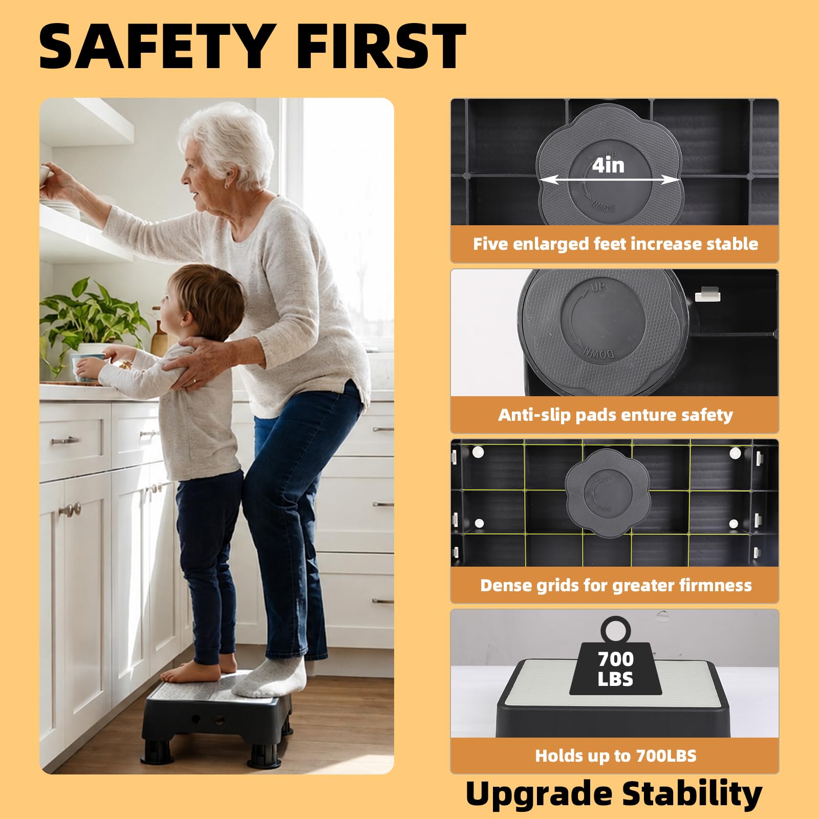 Adjustable Step Stool for Adults, Toddler Step Stools, 800 Lbs Capacity Non-slip Safety Step Platform for Elderly and Kids, Portable Stair