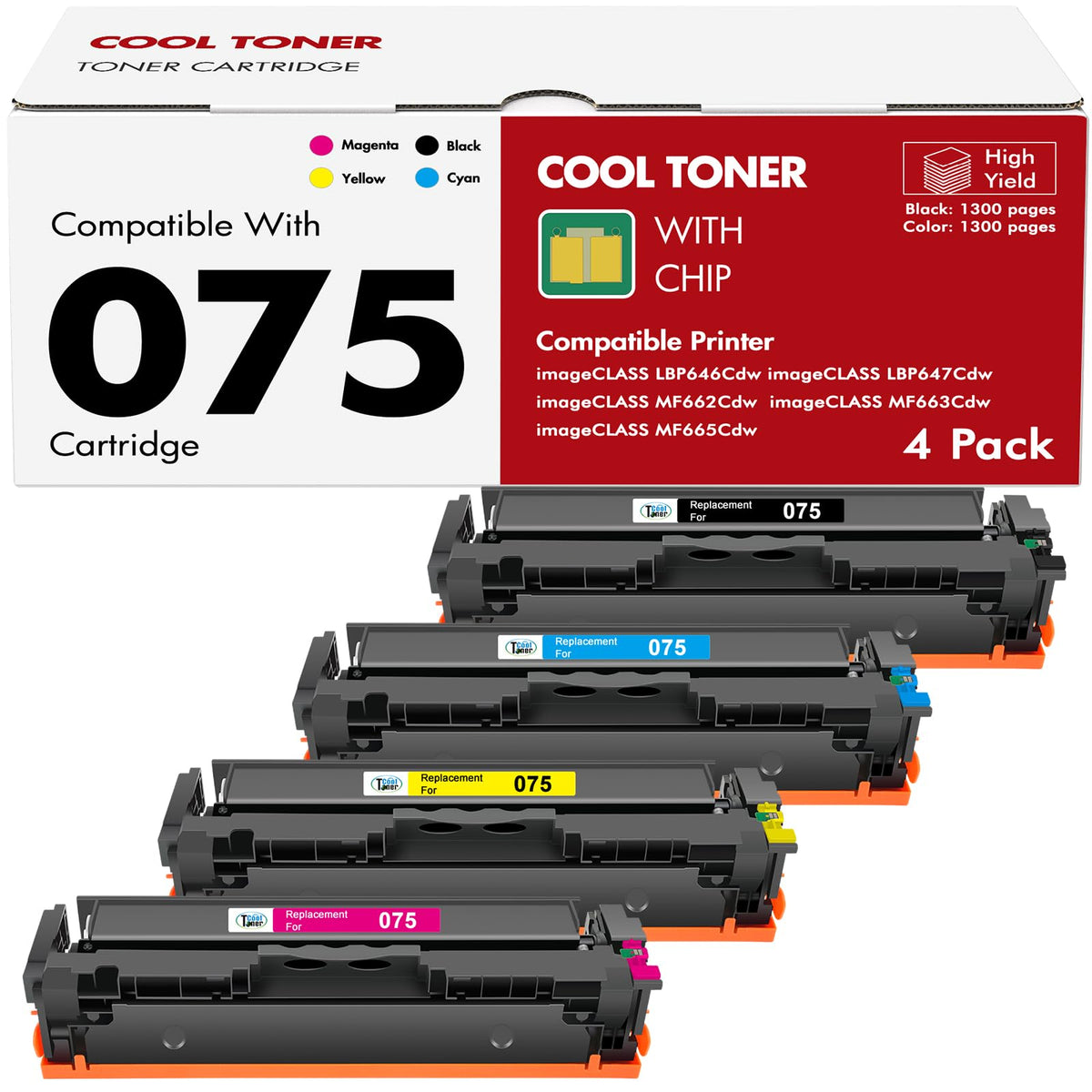 075 Toner Cartridge Set 075H: MF665CDW LBP646Cdw MF663Cdw Compatible for Canon Color ImageCLASS MF660c MF662CDW LBP647Cdw LBP640c LBP640 MF660 Printer 4 Pack High Capacity (Black Cyan Yellow Magenta)