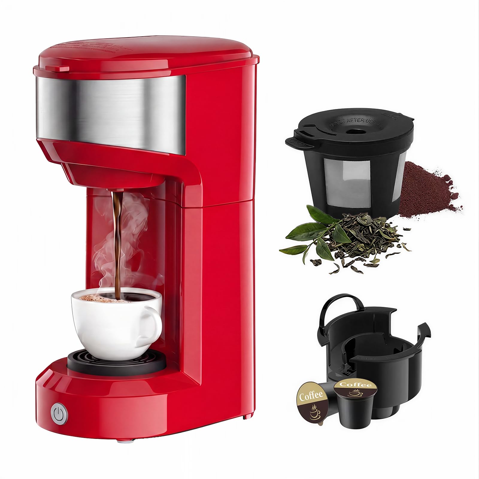 Single Serve Coffee Maker, 2 in 1 Brewer for K Pod & Ground Coffee, 90s Rapid Brew 6 to 14oz Capacities with Auto Shut Off, Small Compact Design for Home Office Travel Camping (Red)
