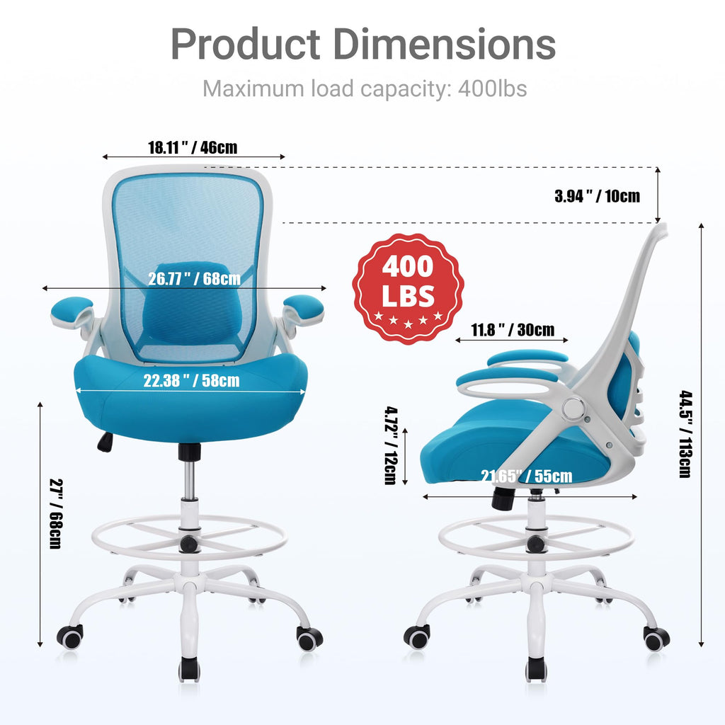 Hylone 400lbs Heavy Duty Drafting Chair 5" Thickened Seat Office Chair with Flip-up Armrests Tall Ergonomic Computer Chair with Lumbar Support