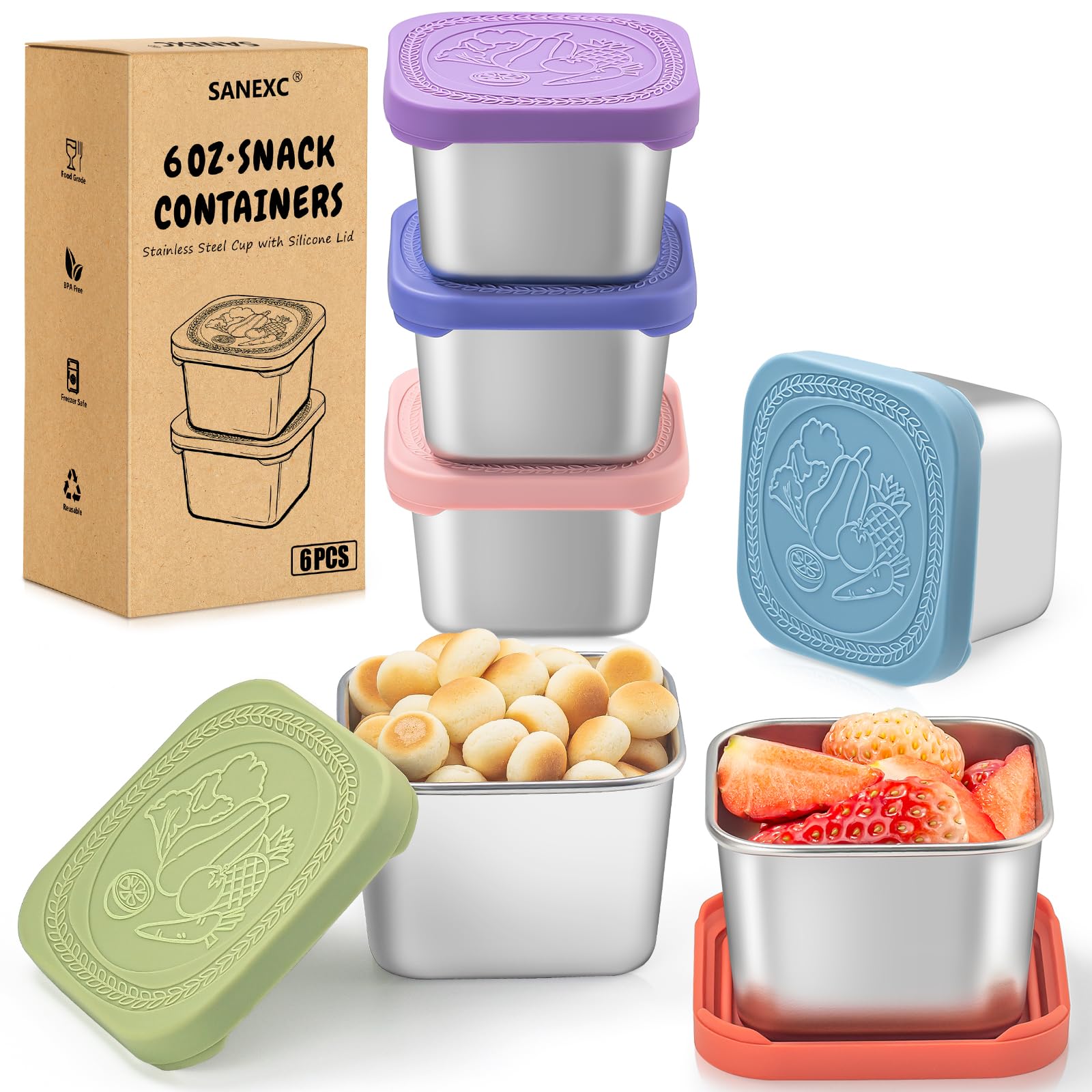 6 Oz Stainless Steel Snack Containers for Kids - 6 Pack Metal Food Containers with Lids Silicone Easy Open 100% Leak Proof BPA Free Reusable Baby Lunch Box for Daycare Travel and Office