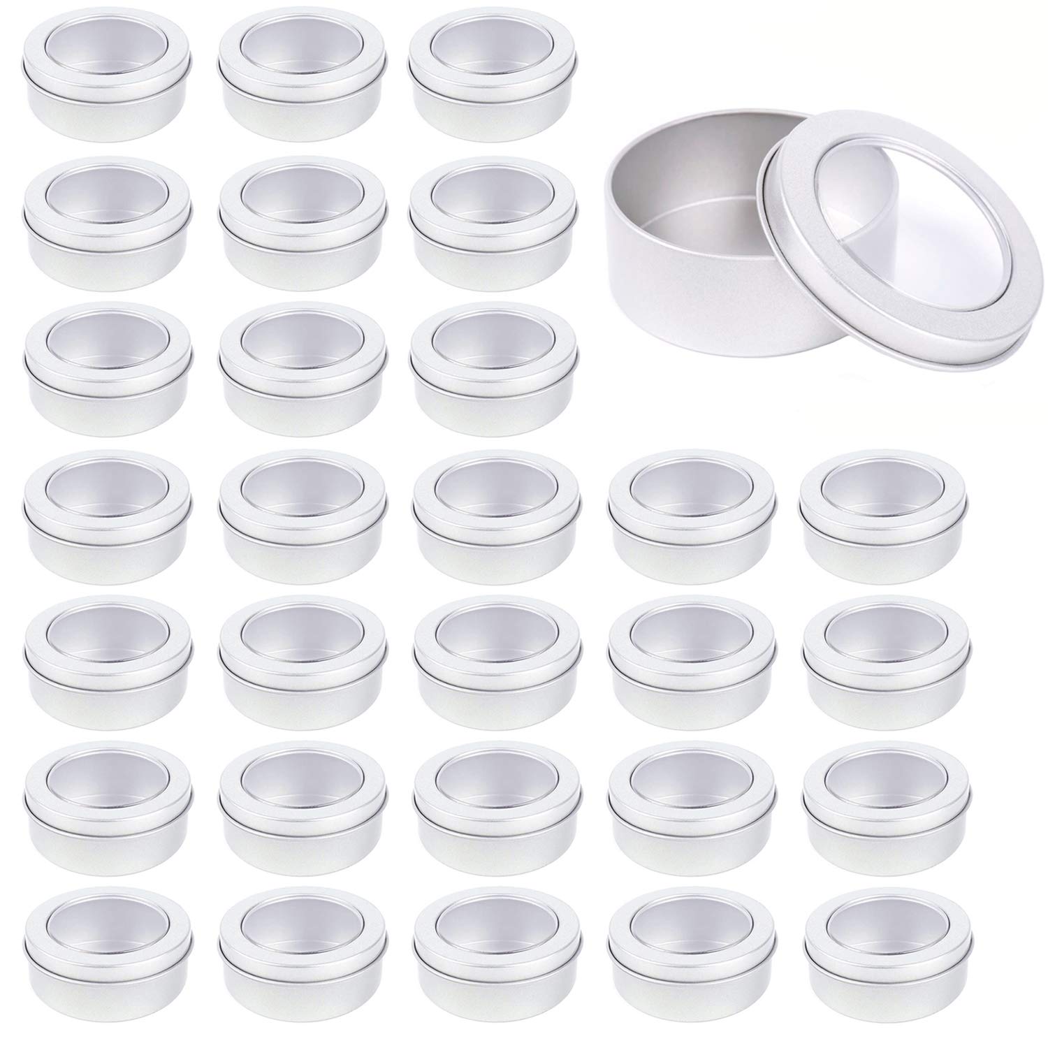 Metal Tin Cans - 2 Ounce Round Empty Containers with Clear Top for Cosmetics Crafts Food Storage Party Favors (30)