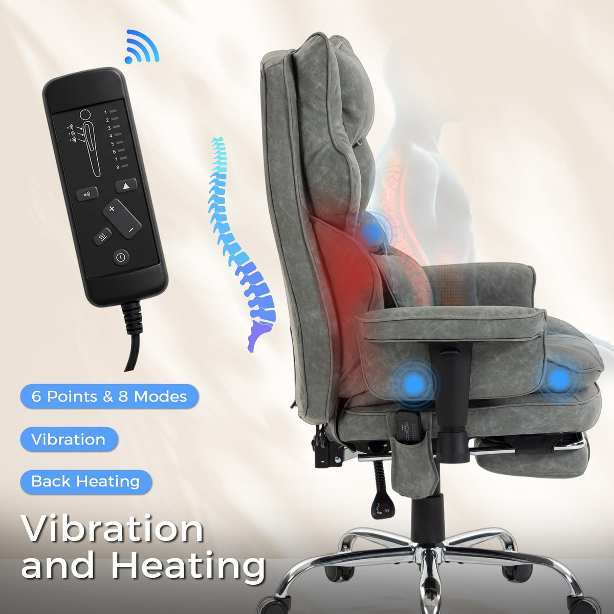 Big and Tall Massage Office Chair with Heat, Extra Wide Double-layer Pocket Spring Cushion, High Back Reclining Gaming Chair with Adjustable