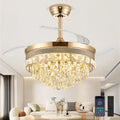 48 Inch Chandelier Ceiling Fans with Lights, Retractable Ceiling Fan with Lights, Crystal Fandelier Ceiling Fan for Bedroom Living Room, LED Dimmable, 6 Wind Speed,3 Color Temperatures-Gold