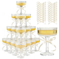 ACRYLIC Champagne Tower Set - 20 Pack 7oz Shatterproof Flutes + 25 Pink Bows & 30 Dots, Stackable Plastic Coupe Glasses for Wedding (White)