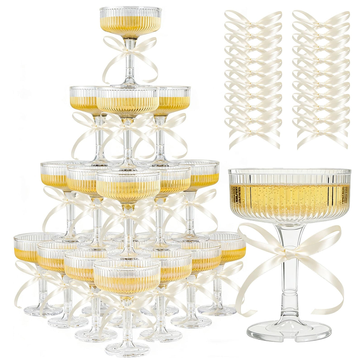 ACRYLIC Champagne Tower Set - 20 Pack 7oz Shatterproof Flutes + 25 Pink Bows & 30 Dots, Stackable Plastic Coupe Glasses for Wedding (White)