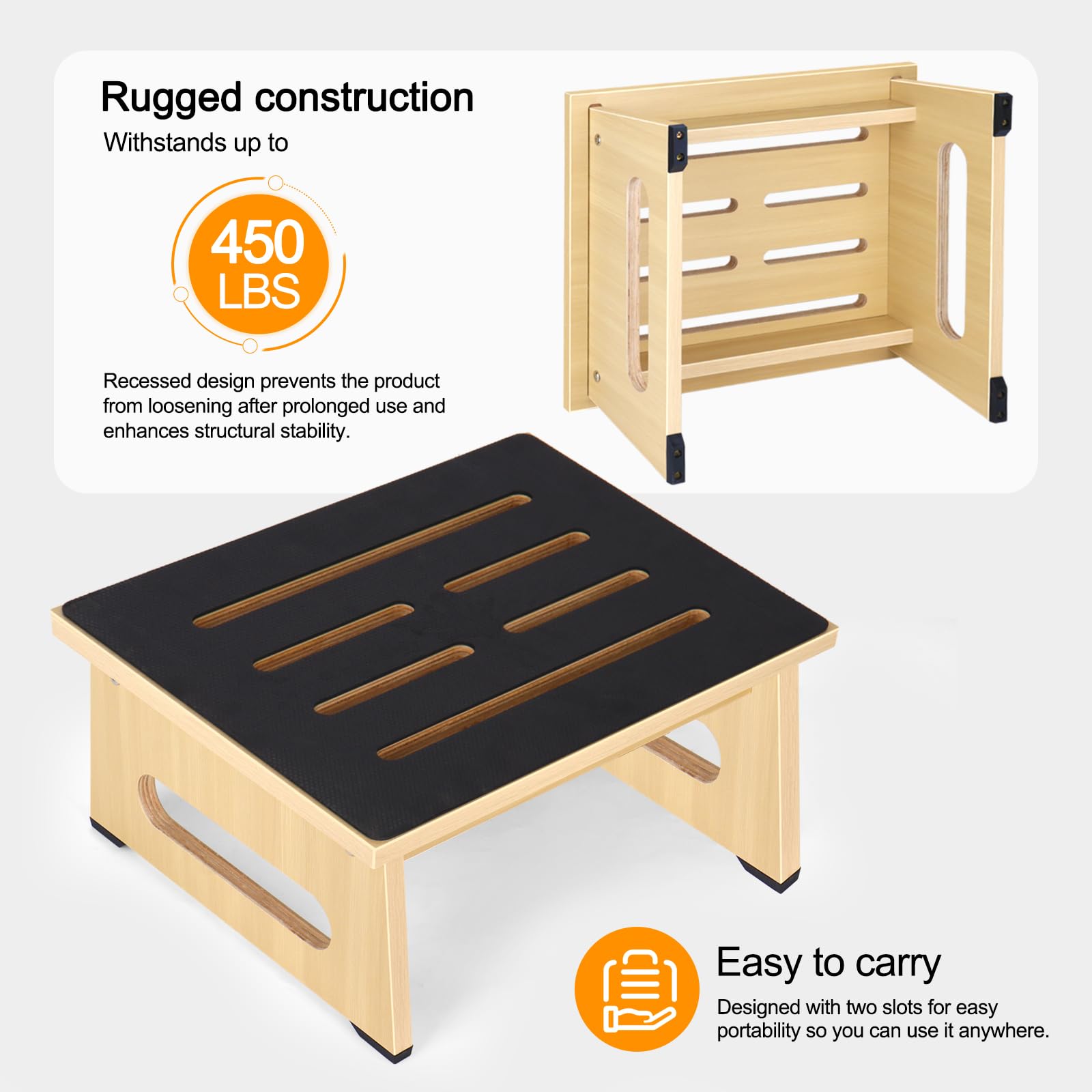 One Step Stool with Non-slip Rubber Stepping Feet, Heavy Duty Wooden Step Stools, 450 Lb Portable Bed Steps for High Beds for Bathroom,