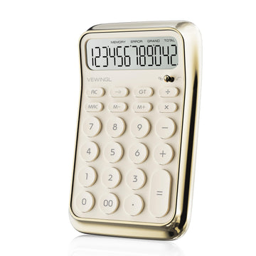 VEWINGL Desktop Calculator, 12 Digit HD Display with% Key, Metallic Vacuum-Plated Surface, Great for Office, School, or Home (Electroplated White, Non-Voice)