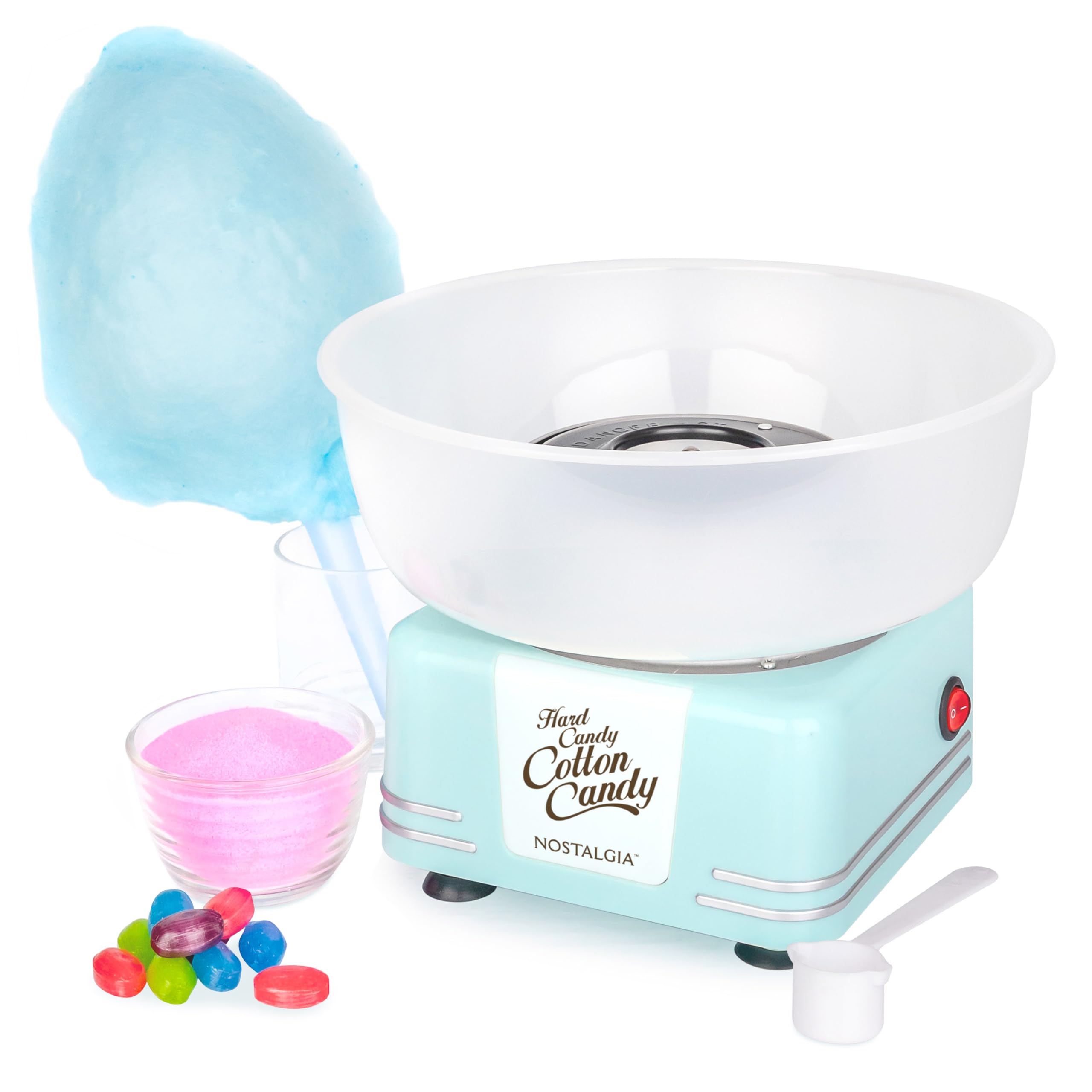 Nostalgia Countertop Cotton Candy Machine – Use Normal or Sugar-Free Candy or Flossing Sugar – Includes 2 Reusable Cones and Measuring Scoop – Aqua