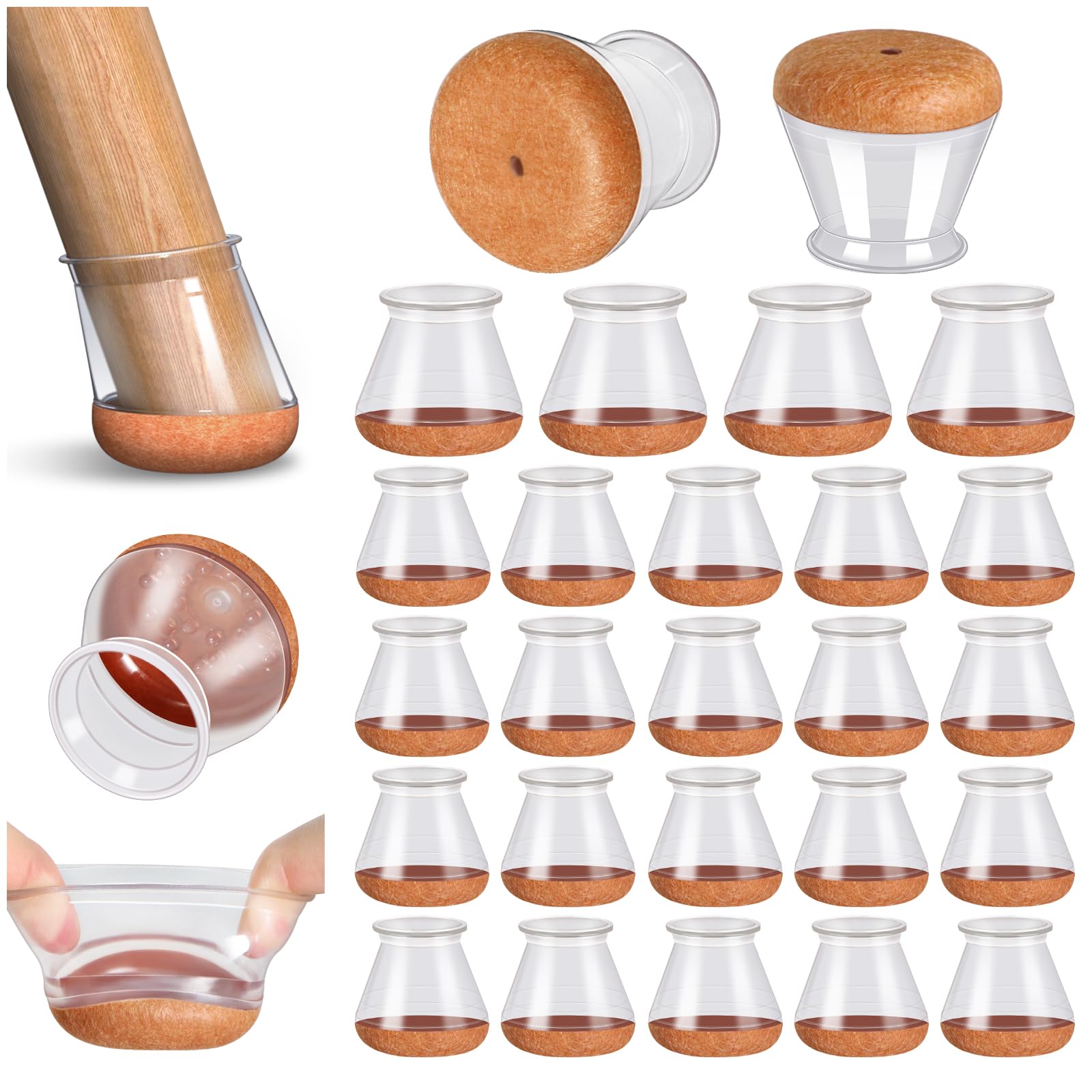 PISAO 24 Pcs Chair Leg Floor Protectors, Silicone Chair Leg Protectors Caps Covers for Hardwood Floors, Furniture Pads Sliders with Wrapped Felt Bottom Medium (Fit:0.76"-1.18")