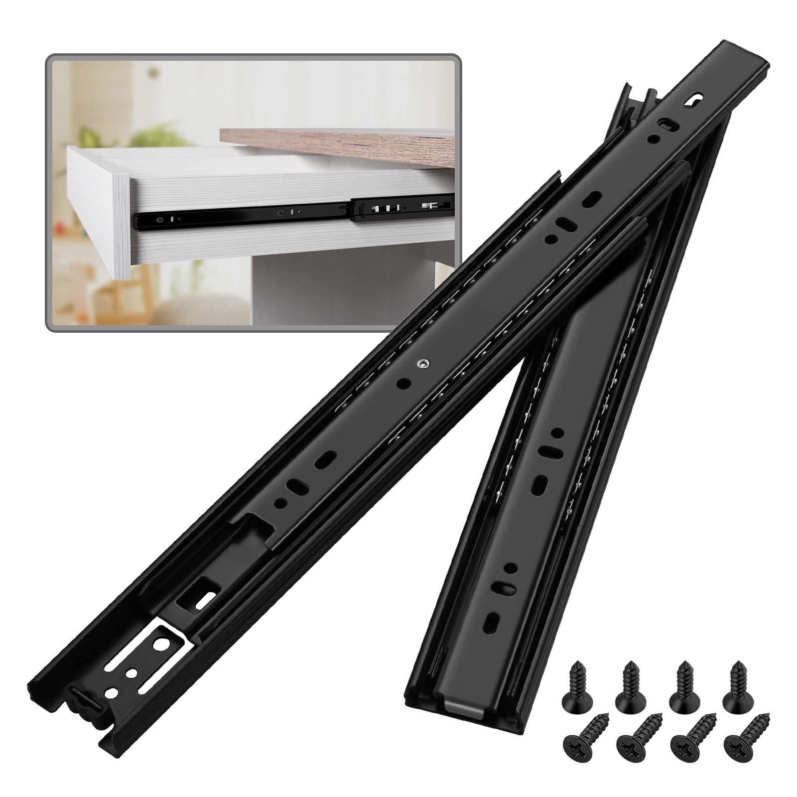 1 Pair Full Extension Drawer Slides Side Mount 8 10 12 14 16 18 20 22 24 Inch 100 LB Load Capacity Ball Bearing File Cabinet Trash Kitchen Dresser Rails Heavy Duty (10 inch, Black)
