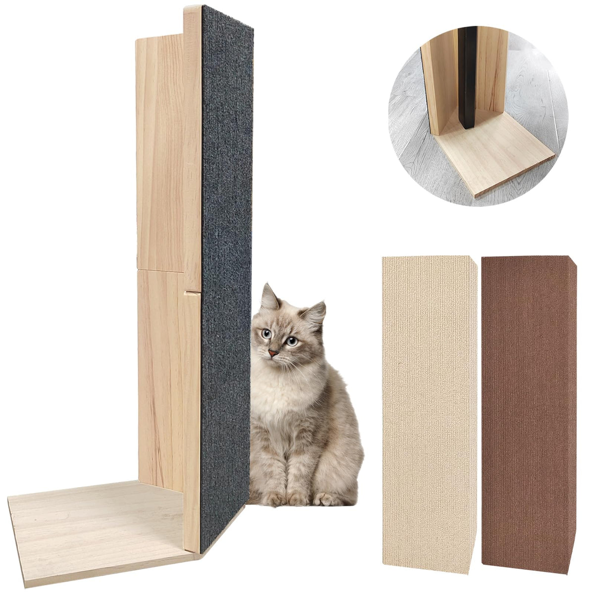 24" Tall Couch Corner Scratching Post with 3Pcs Replaceable Self-Adhesive Cat Scratching Post Carpet, Cat Scratch Pad Mat- Stylish Indoor Cat Scratcher Board Furniture Protector