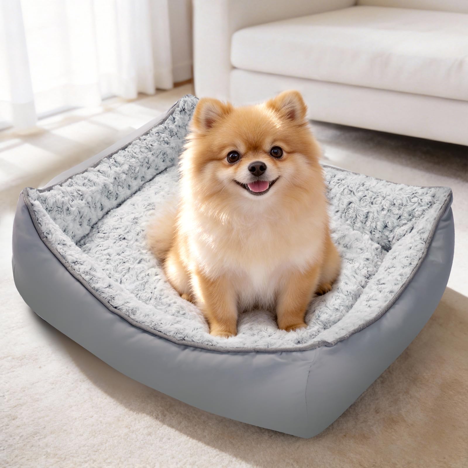 Mora Pets Reversible Pet Beds for Small Dogs Large Cat Bed Washable - Cool & Warm 2-in-1 Anti Anxiety Dog Bed for Summer, Rectangle Puppy Bed with Fluffy Grey Rose (25''x21''x7'')