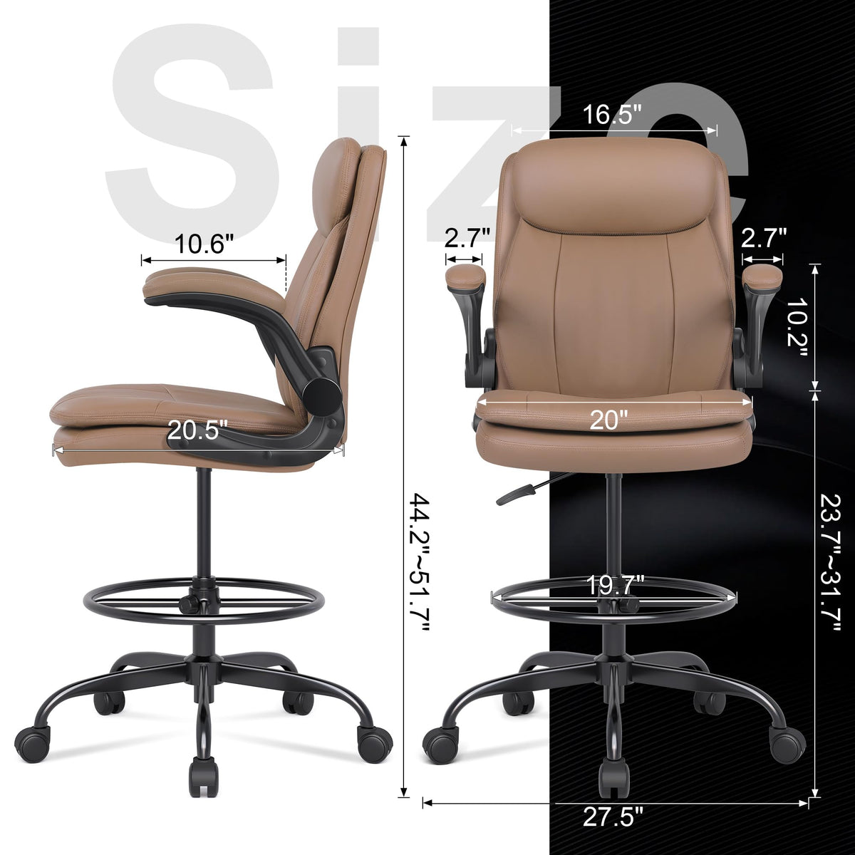 Misolant Leather Drafting Chair, Tall Office Chair for Standing Desk, High Executive Office Chair with Adjustable Height and Flip-up Armrest