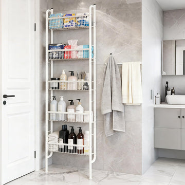 Saiveina Behind The Door Storage 5 Tiers Behind Door Shelf, Space-Saving Bathroom Door Shelf, Metal Shelf for Kitchen Bathroom Living Room, Off-White