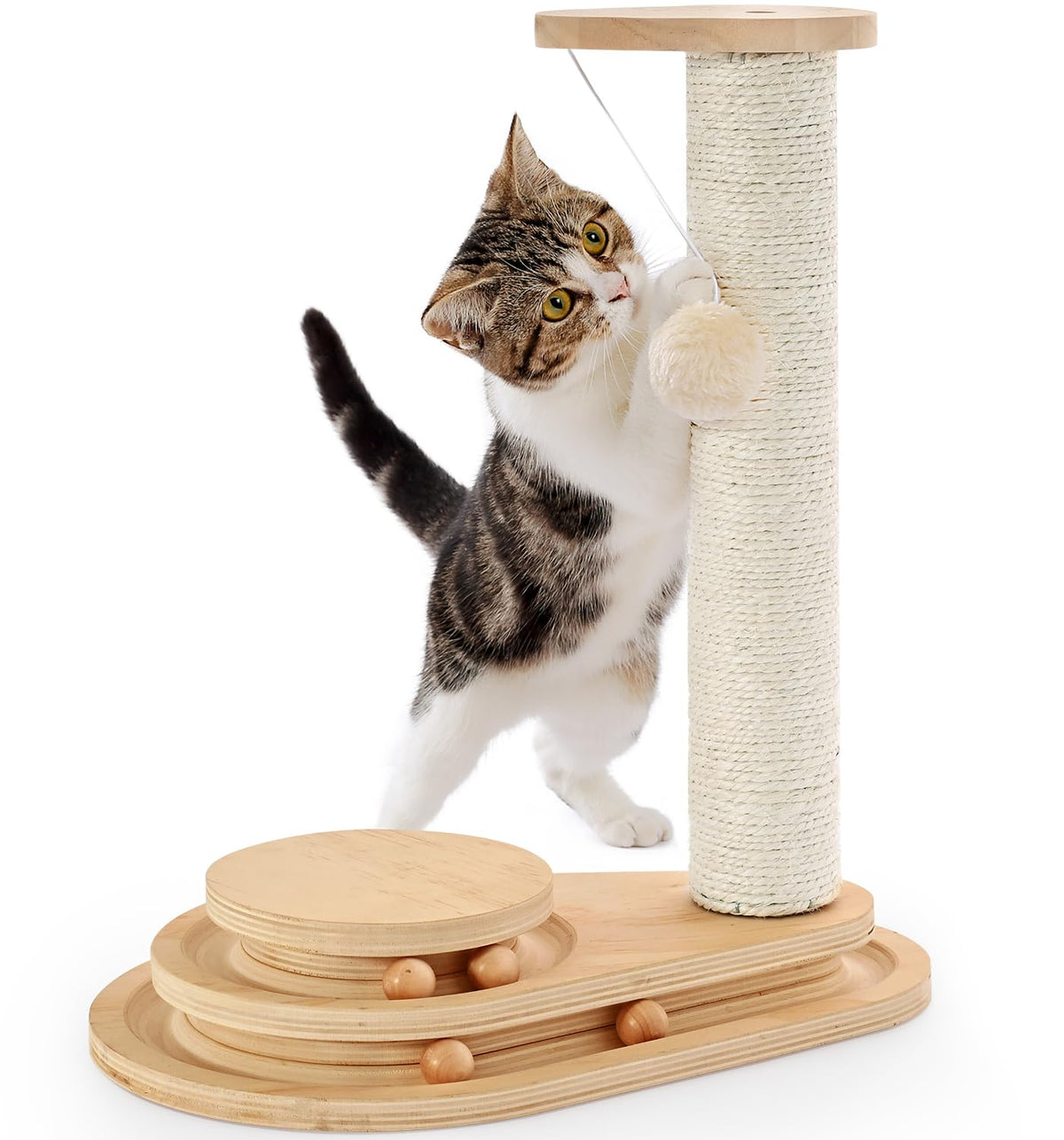 Made4Pets Cat Scratching Post Cat Scratcher Kitten Toys for Indoor Cats Wooden Ball Track Two-Layer Modern Sisal 17.7" Tall Scratch Post Interactive Toy with Dangling Ball